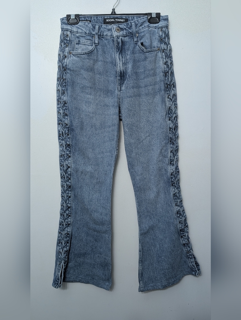 Social Touriste Women’s Light Wash Blue Flare Jeans with Side Braid Detail